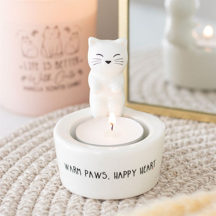 Cat Tealight Holder 'Warm Paws, Happy Heart'