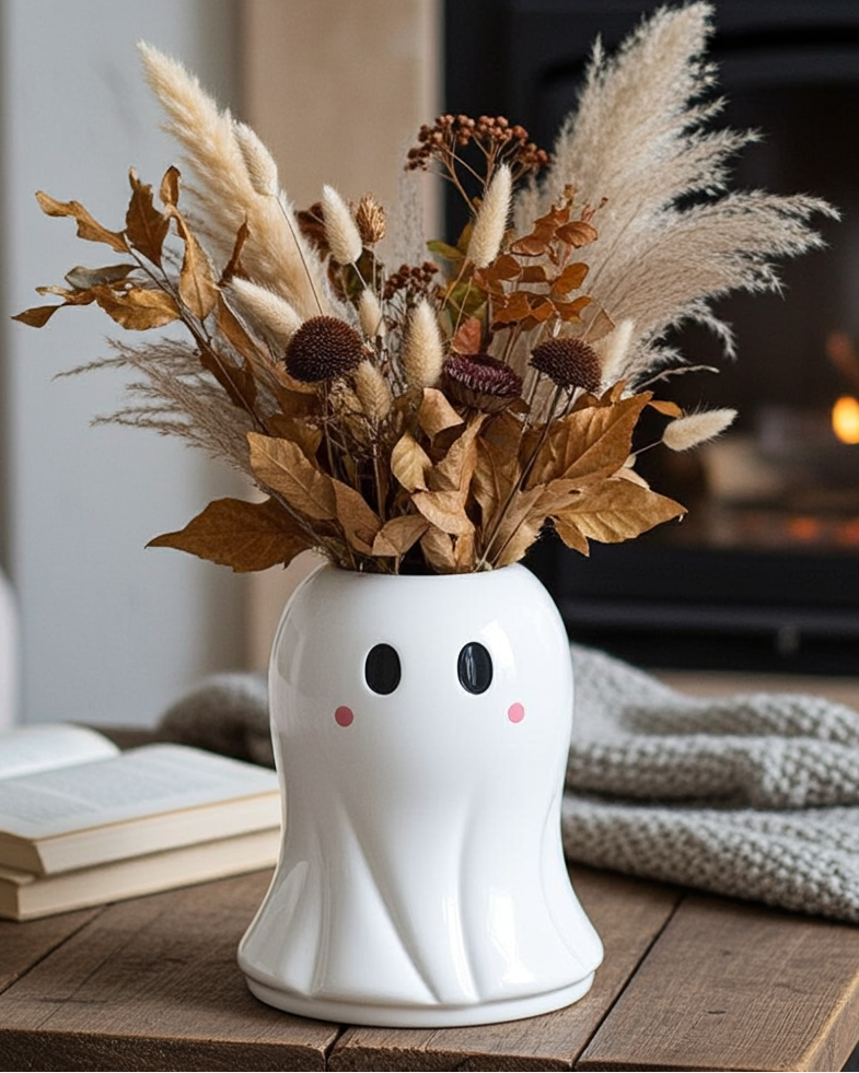 Ghost-shaped vase with dried flowers on a wooden table in a cozy room.