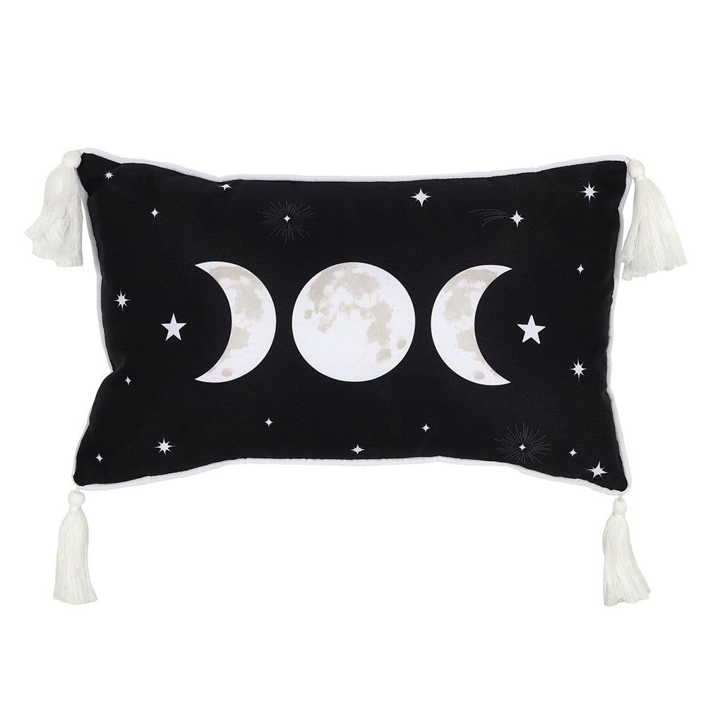 Black pillow with moon phases and stars on a white background