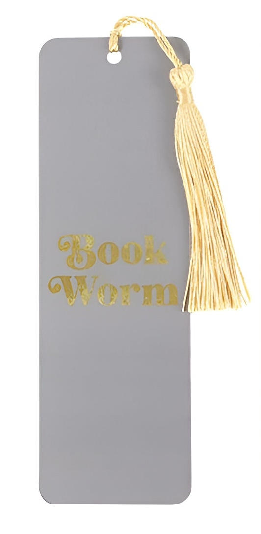 Gray bookmark with gold 'Book Worm' text and tassel on a white background