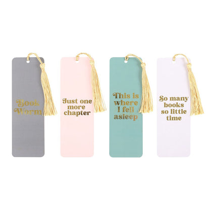 Four bookmarks with tassels and gold text on a white background - Book Worm, Just one more chapter, This is where I fell asleep, So many books so little time