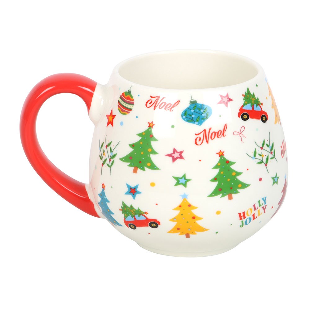 Christmas-themed mug with red handle on a white background