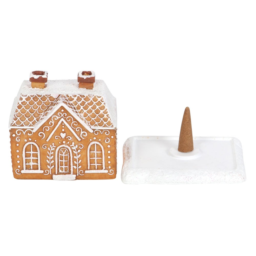 Gingerbread house incense cone holder, with glitter and white lines as decorations. Use with upwards flow incense cone. Smoke comes out of chimney.