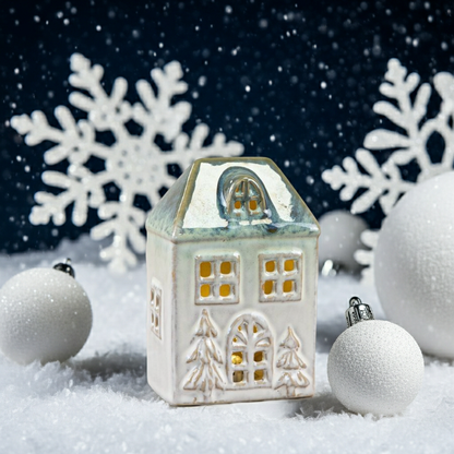 Decorative led house with snowflakes and ornaments on a snowy background