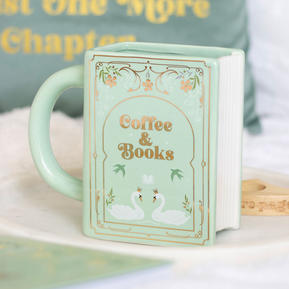 Green mug shaped as a book with 'Coffee and Books' golden text