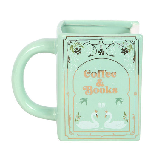 Green mug shaped as a book with 'Coffee and Books' golden text. Bookish decor