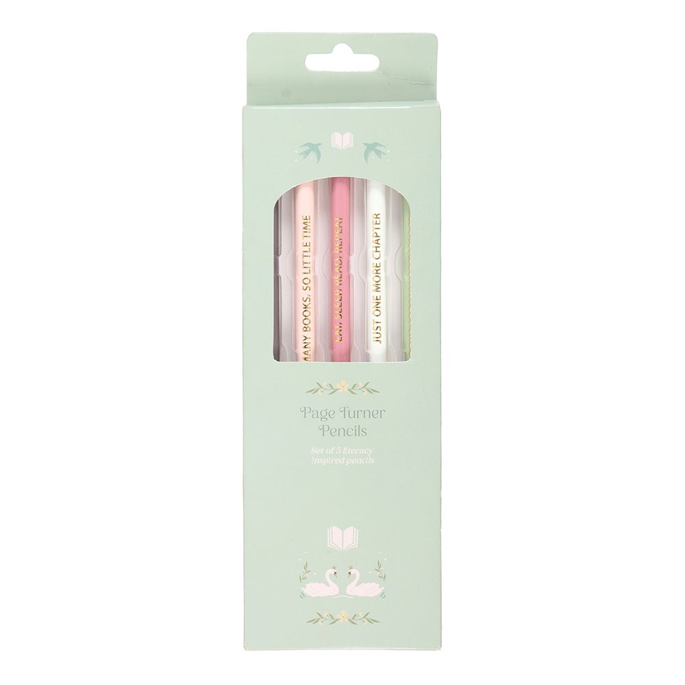Light green bookish packaging of Page Turner Pencils with pastel-colored pencils.