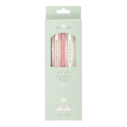 Light green bookish packaging of Page Turner Pencils with pastel-colored pencils.