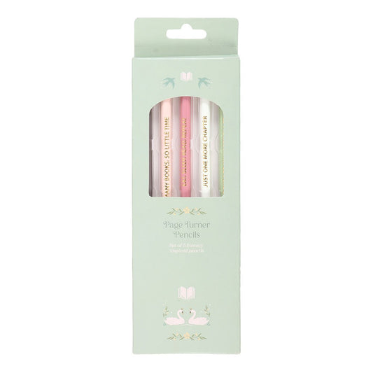 Light green bookish packaging of Page Turner Pencils with pastel-colored pencils.
