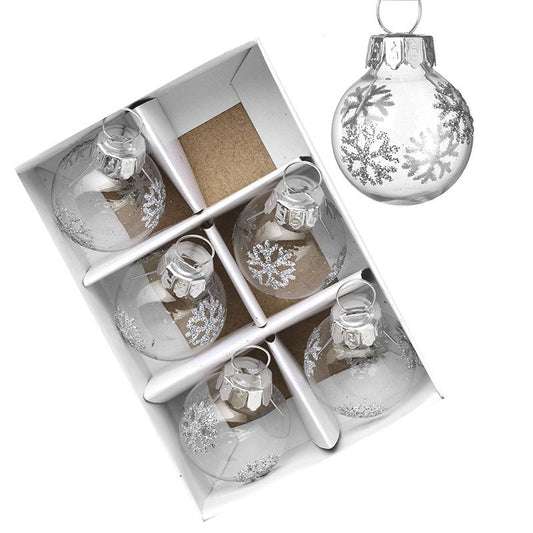 Set of glass Christmas ornaments with snowflake designs in a decorative box.
