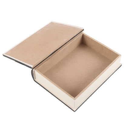 Opened storage box shaped as a book that is titled 'Love Spells' and has a heart-potion glass design. Insight it is empty, plain and hard-cardboard-looking.