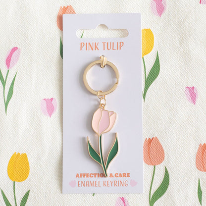 Pink tulip enamel keychain - affection and care.