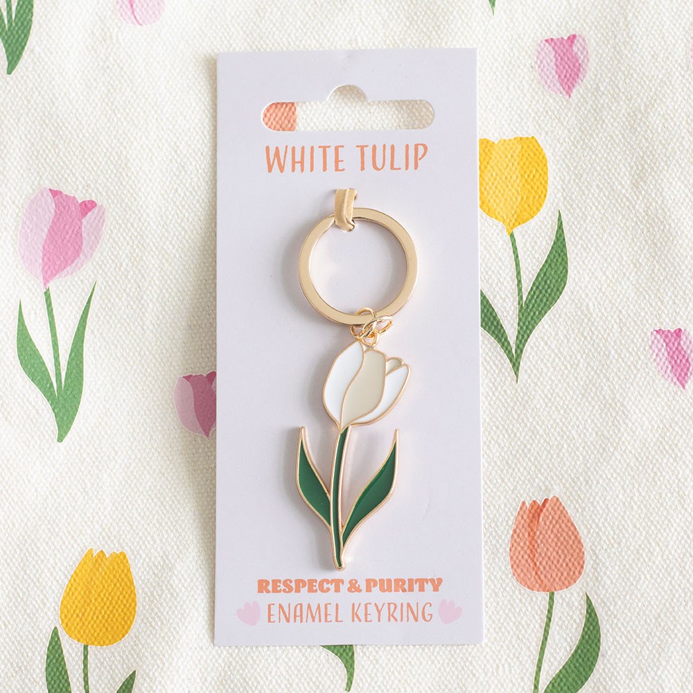 White tulip enamel keyring - respect and purity.