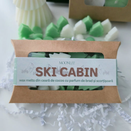 Scented wax melts packaging labeled 'Ski Cabin' by Moonlit on a white surface.